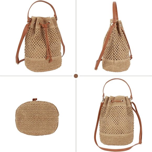 Straw Weave Small Drawstring Shoulder Bag Beach Purse Handbag for Women - Picture 4 of 6